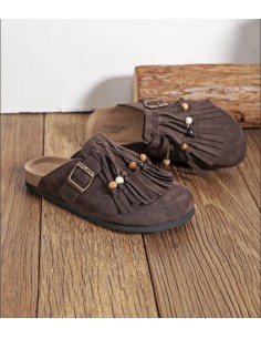 Sabots marron à franges et perles | pole sud | Boutique à Castelsarrasin