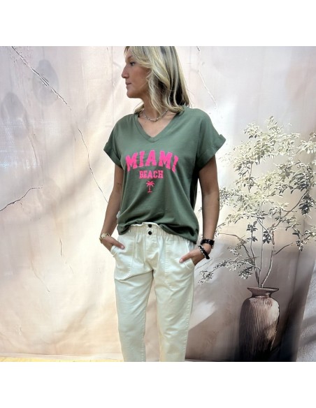 T-shirt kaki col V Miami Beach femme | pole sud | Boutique à Castelsarrasin