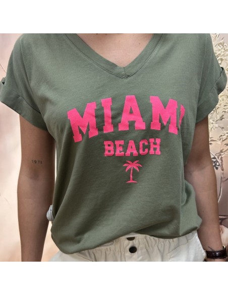 T-shirt kaki col V Miami Beach femme | pole sud | Boutique à Castelsarrasin