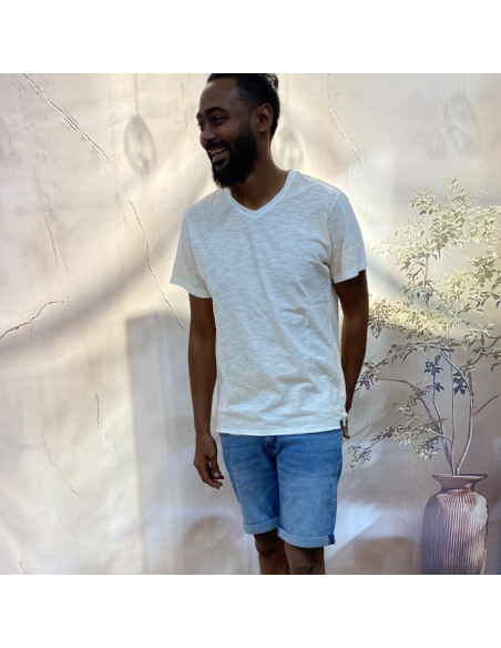 T-shirt flammé beige blanc col V homme | pole sud | Boutique à Castelsarrasin