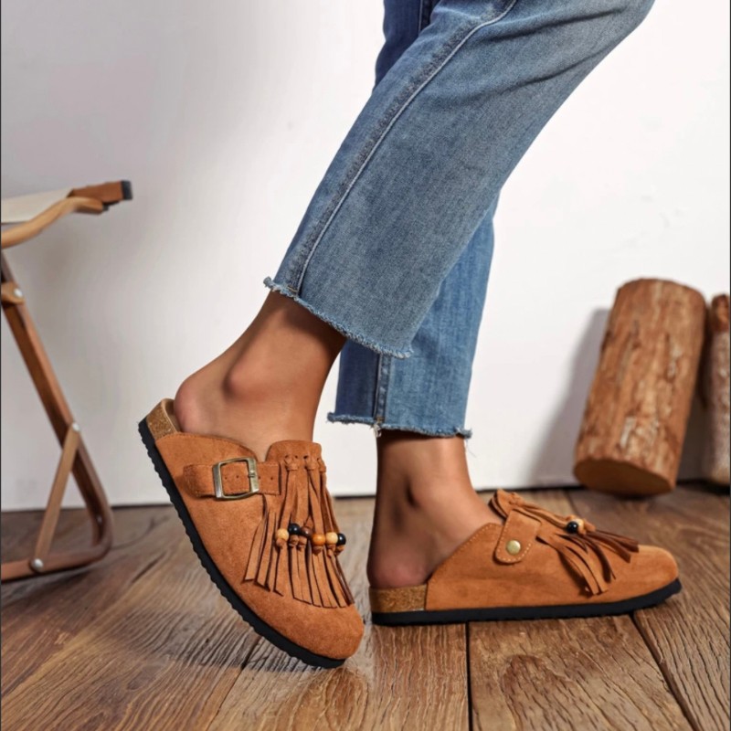 SABOTS CAMEL FRANGES ET PERLE